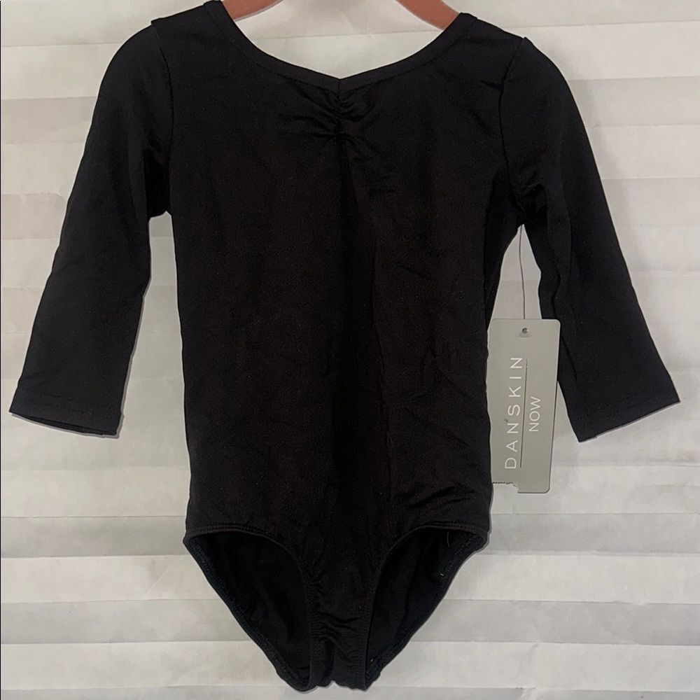 Danskin Girls Black Elbow Sleeve Leotard Dance Gymnastics Ballet Size 4-5